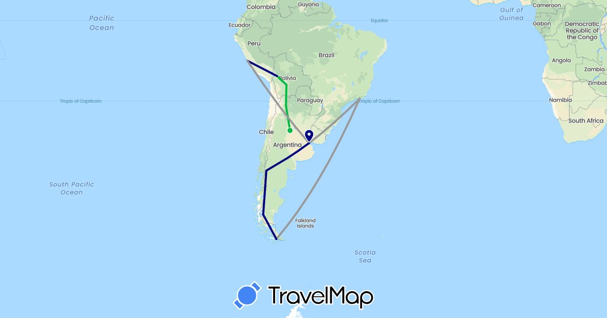 TravelMap itinerary: driving, bus, plane in Argentina, Bolivia, Brazil, Peru (South America)